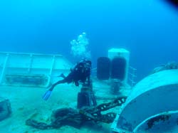 Scuba diver at the anchor winch on the Vandenberg wreck in Key West